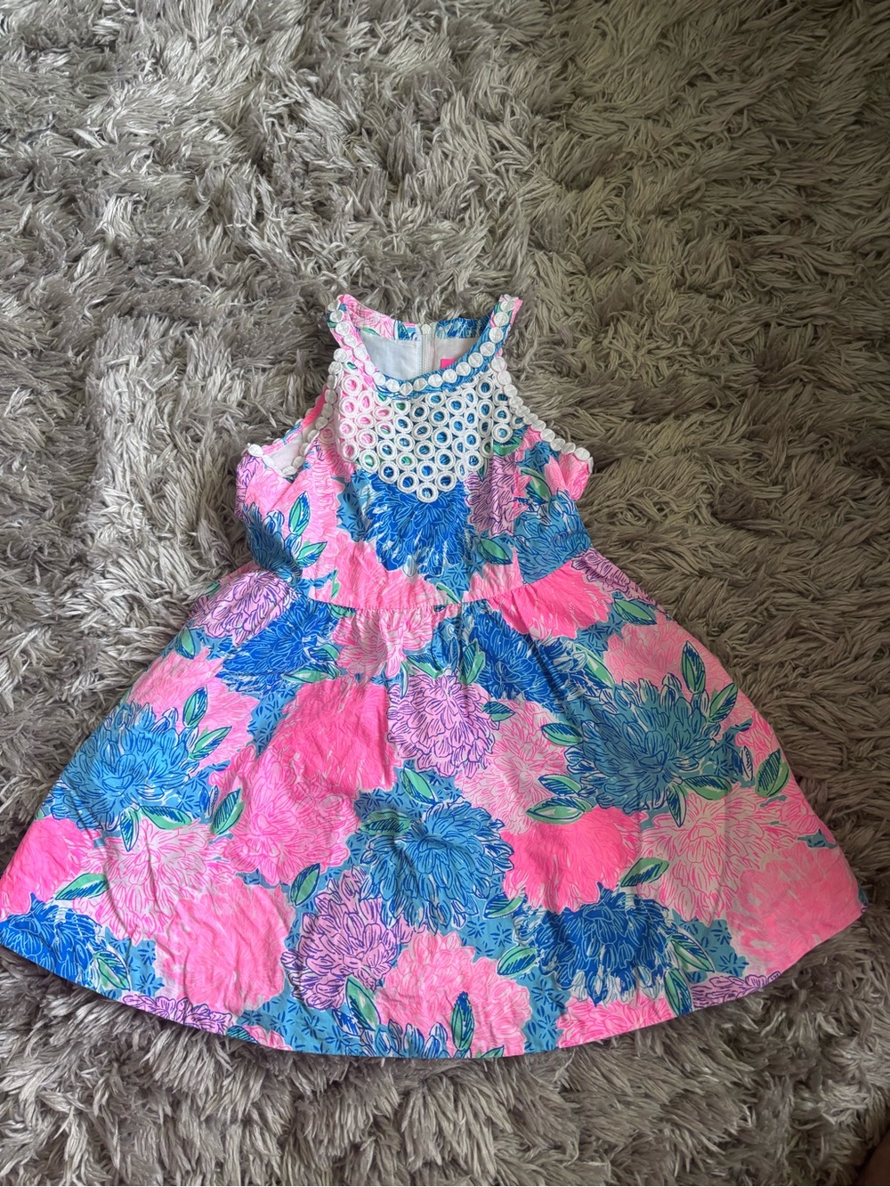 Lilly Pulitzer Pink & Blue Floral Halter Dress with Eyelet Yoke